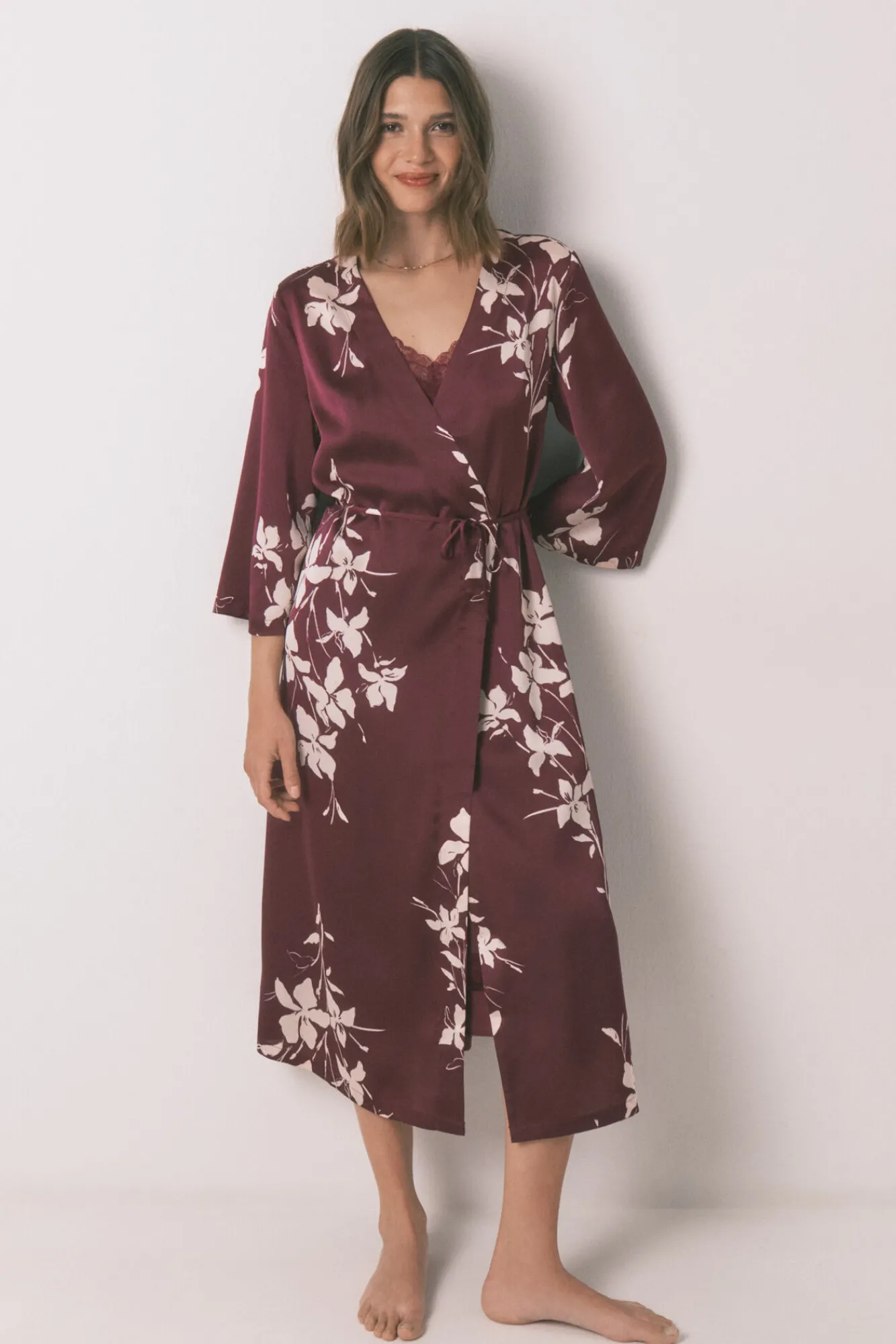 Women'secret Bata larga floral granate