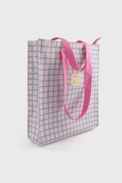 Mr. Wonderful Bolsa de tela tote bag cuadrados azul y rosa Hello, sunshine!