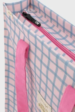 Mr. Wonderful Bolsa de tela tote bag cuadrados azul y rosa Hello, sunshine!