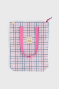 Mr. Wonderful Bolsa de tela tote bag cuadrados azul y rosa Hello, sunshine!