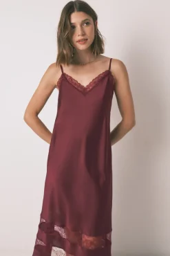Women'secret Camisón largo encaje vino
