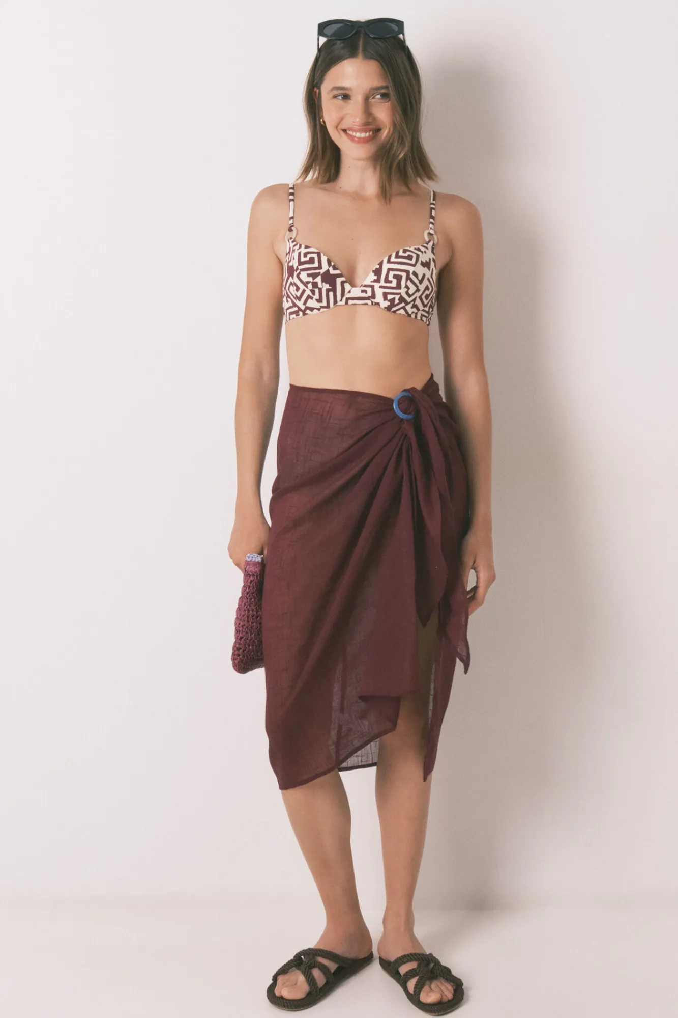 Women'secret Falda pareo 100% algodón granate