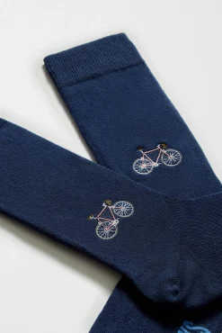 Meias altas de algodão orgânico azul com estampa de bicicleta
