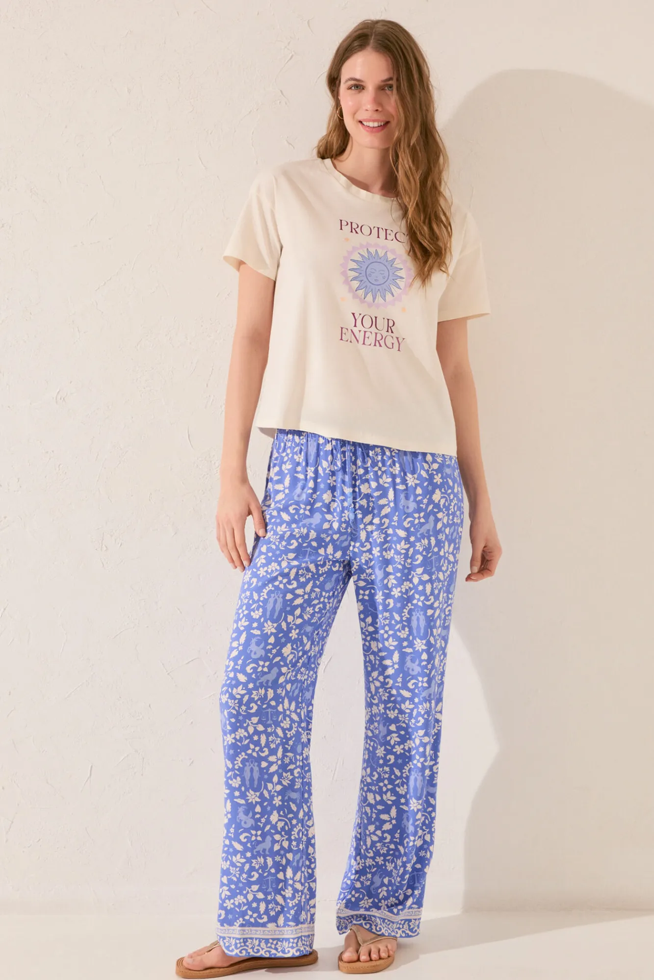 Women'secret Pantalón largo flores azul