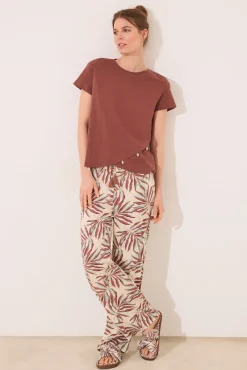 Women'secret Pantalón largo estampado hojas marrón