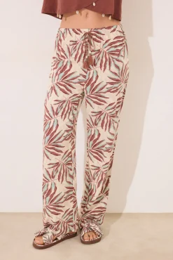 Women'secret Pantalón largo estampado hojas marrón