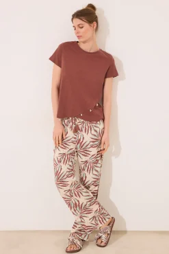 Women'secret Pantalón largo estampado hojas marrón