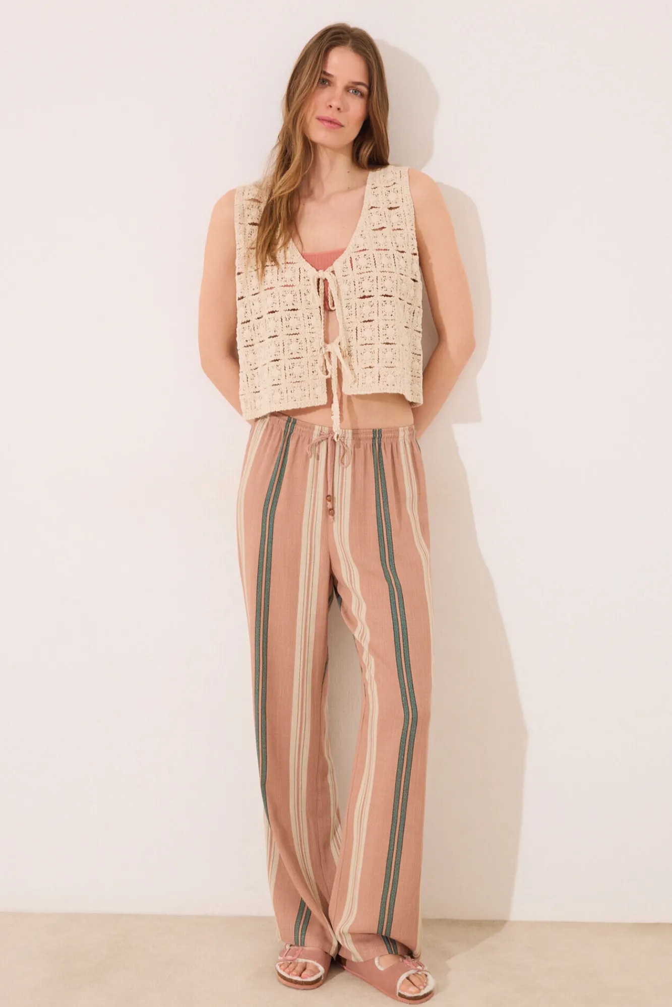 Women'secret Pantalón largo estampado rayas marrón