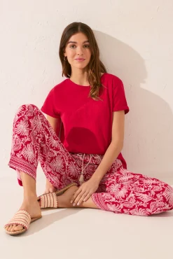 Women'secret Pantalón largo viscosa estampado hojas rojo