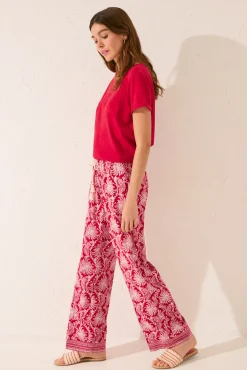 Women'secret Pantalón largo viscosa estampado hojas rojo