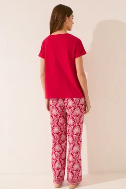 Women'secret Pantalón largo viscosa estampado hojas rojo