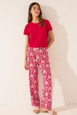 Women'secret Pantalón largo viscosa estampado hojas rojo