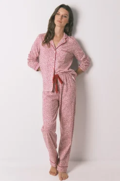 Women'secret Pijama camisero algodón flores rojo