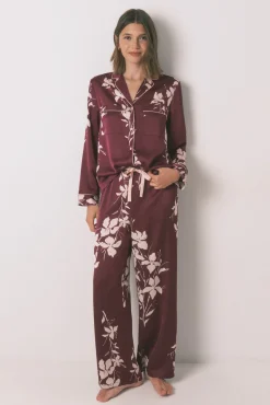 Women'secret Pijama camisero largo floral granate