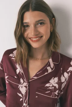 Women'secret Pijama camisero largo floral granate