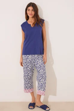 Women'secret Pijama Capri 100% algodón print azul flores