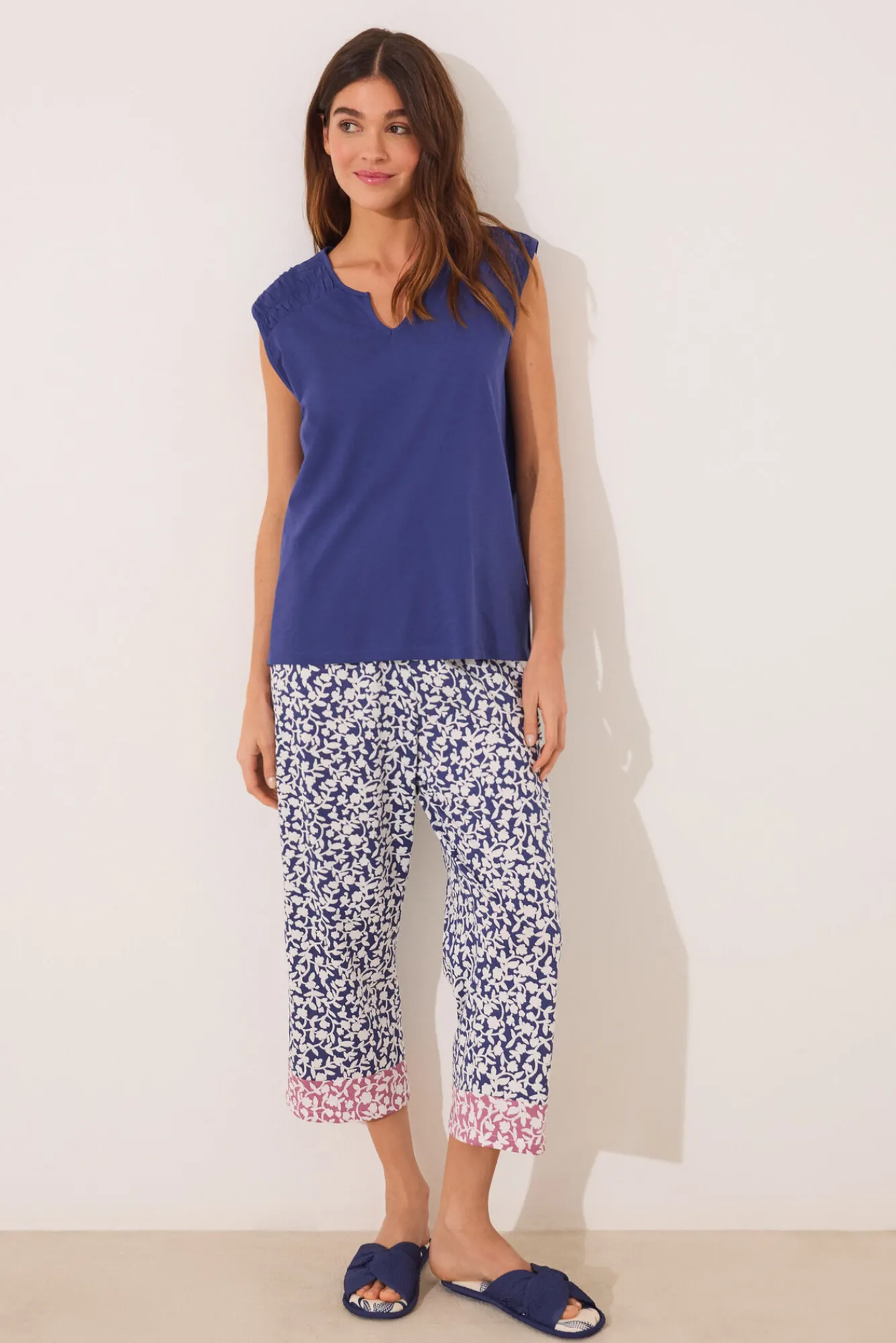 Women'secret Pijama Capri 100% algodón print azul flores
