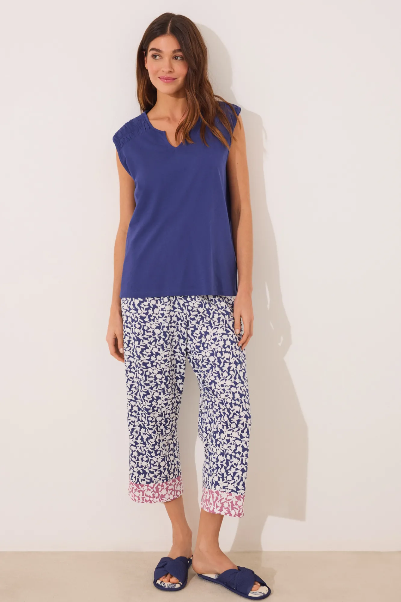 Women'secret Pijama Capri 100% algodón print azul flores