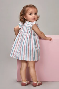 Crianças Gocco Vestido de rayas con volantes en mangas azul claro