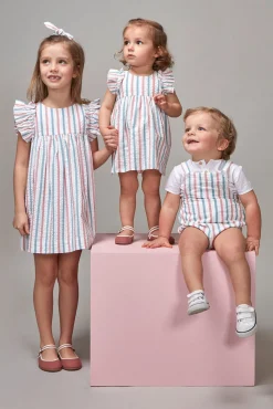 Crianças Gocco Vestido de rayas con volantes en mangas azul claro