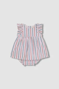 Crianças Gocco Vestido de rayas con volantes en mangas azul claro