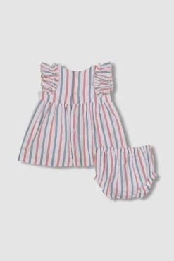 Crianças Gocco Vestido de rayas con volantes en mangas azul claro