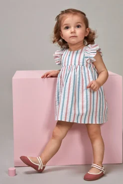 Crianças Gocco Vestido de rayas con volantes en mangas azul claro
