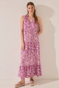 Women'secret Vestido largo tirantes flores morado
