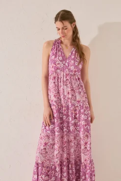 Women'secret Vestido largo tirantes flores morado