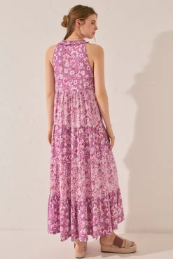 Women'secret Vestido largo tirantes flores morado