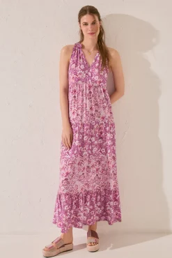 Women'secret Vestido largo tirantes flores morado